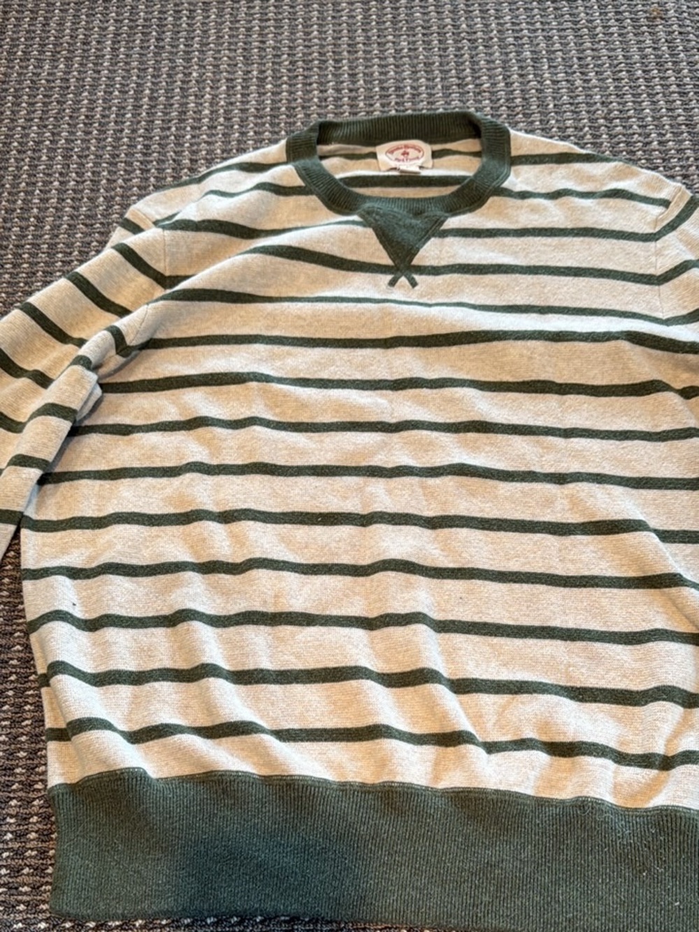Brooks Brothers Cream & Green Striped Crewneck Sweater with Elbow Patches - Picture 2 of 5